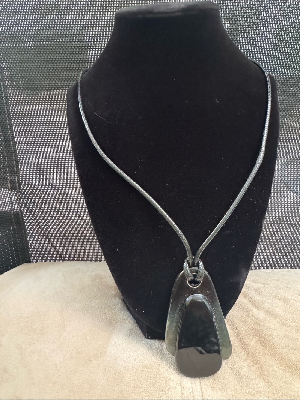 Black Leather Cord Necklace with Black Stone Pendant
